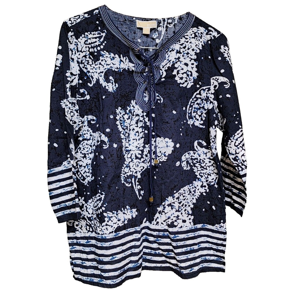 Michael Kors 3/4 Sleeve Size L Blue Boho Top Ethnic Print